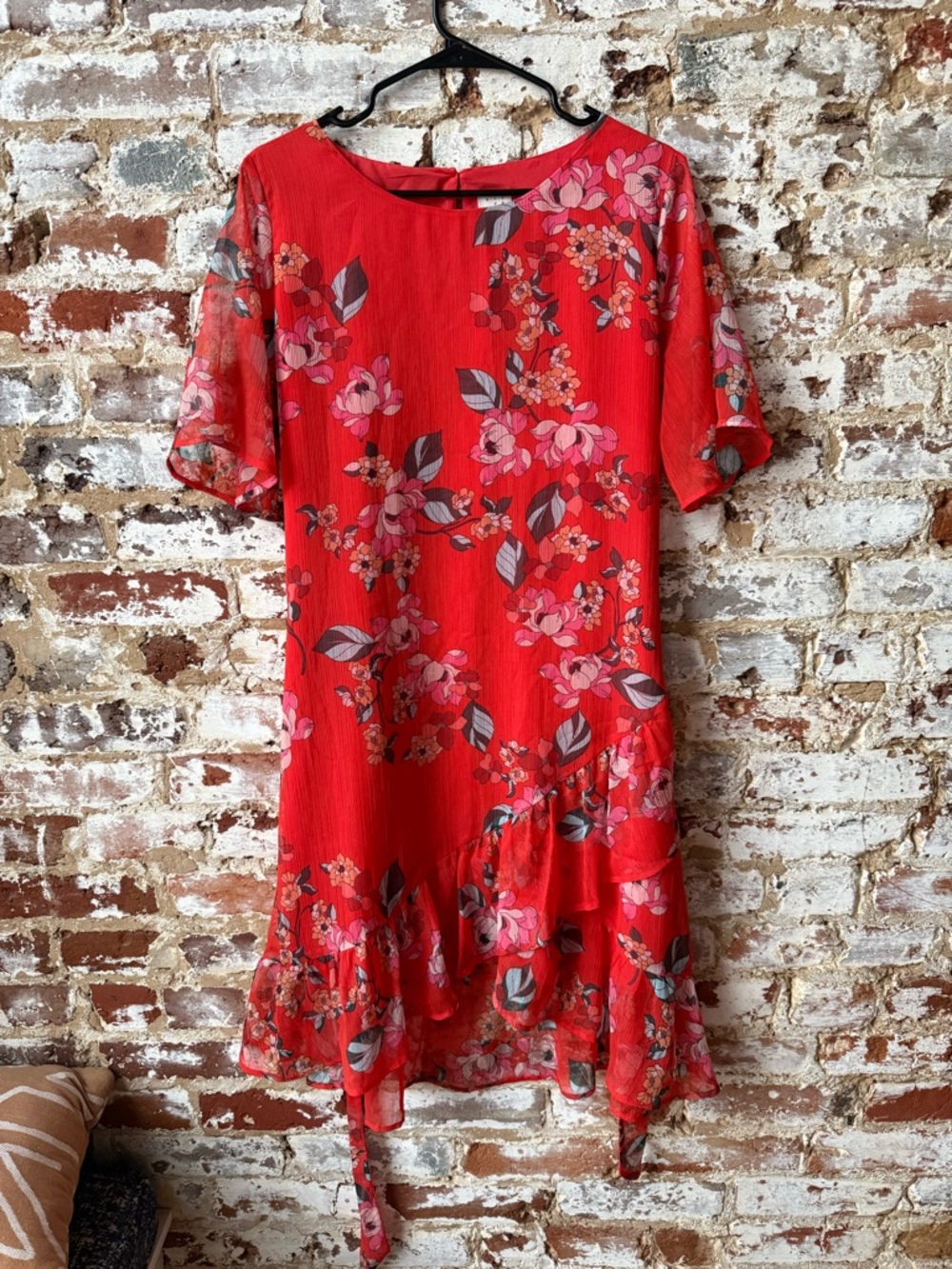 a new day Red Floral Asymmetrical Ruffle Dress